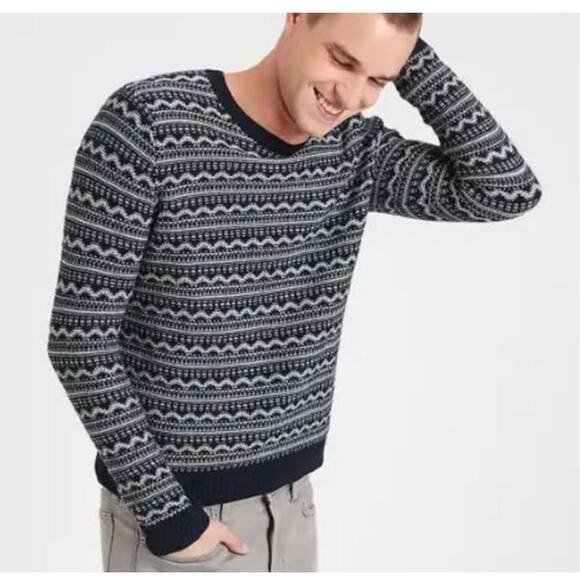 Banana Republic Navy Gray Cotton Wool blend Fair Isle Nordic sweater mens XL new - Picture 1 of 10